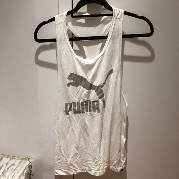 Puma Racer Back Tank White Silver Logo Sleeveless Tank Size Small Athletic - Picture 1 of 5
